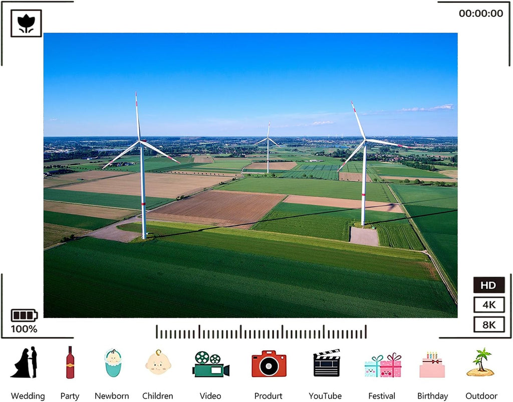 Trykid 20x10ft Wind Turbine Farm Backdrop Green Patchwork Fields Clear Blue Sky Renewable Energy Scene Photography Background Eco Themed Party Decoration Photo Booth Prop Fabric