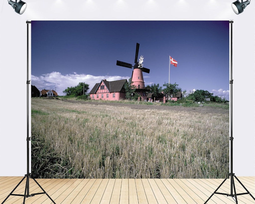 Trykid 20x10ft Pink Windmill House Backdrop Danish Flag Golden Harvest Field Clear Blue Sky Fluffy Clouds Photography Background Charming Nordic Party Decoration Photo Booth Prop Fabric