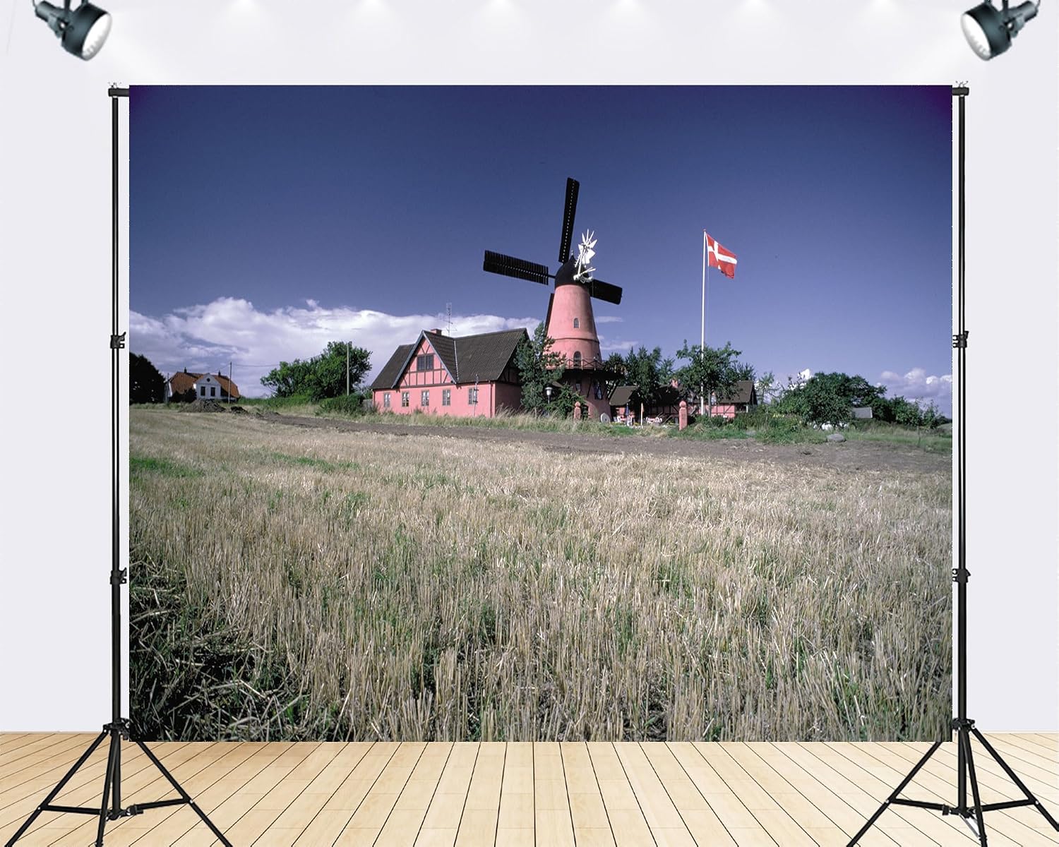 Trykid 20x10ft Pink Windmill House Backdrop Danish Flag Golden Harvest Field Clear Blue Sky Fluffy Clouds Photography Background Charming Nordic Party Decoration Photo Booth Prop Fabric