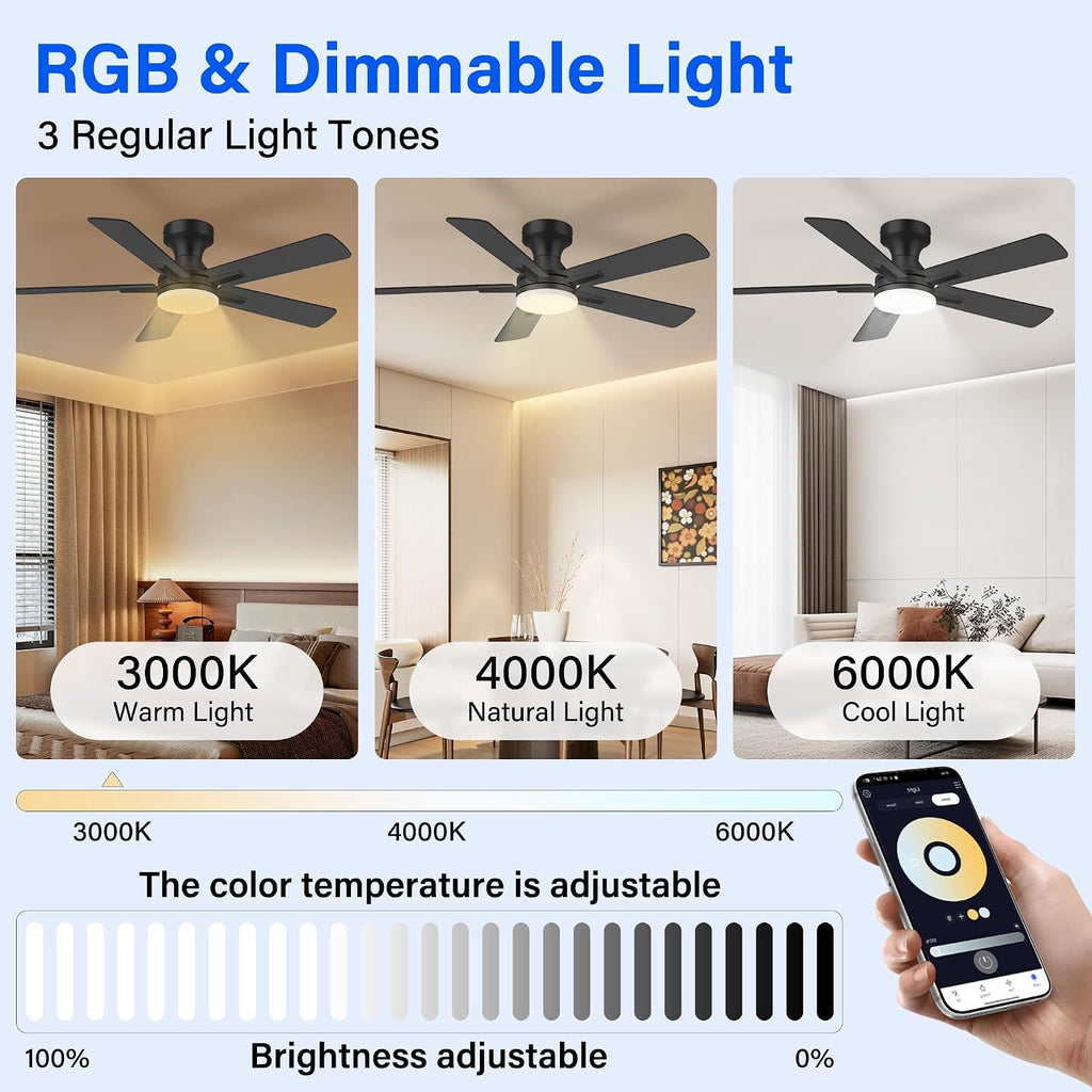 42 Inch Ceiling Fans with lights,RGB Low Profile Ceiling Fan with Light and Remote Control,APP,Black Flush Mount Ceiling Fans for Small Bedroom,Patio,Porch,Outdoor Indoor Use,5 Blades,Dimmable,Quiet