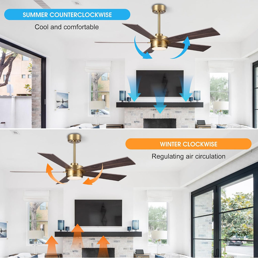 ELEHINSER 54' Ceiling Fan with Light and Remote Control, Modern Dimmable LED Light, 6-Speed Noiseless Reversible DC Motor, 5 Plywood Ceiling Fan for Kitchen Bedroom Living Room NAB Gold/Walnut