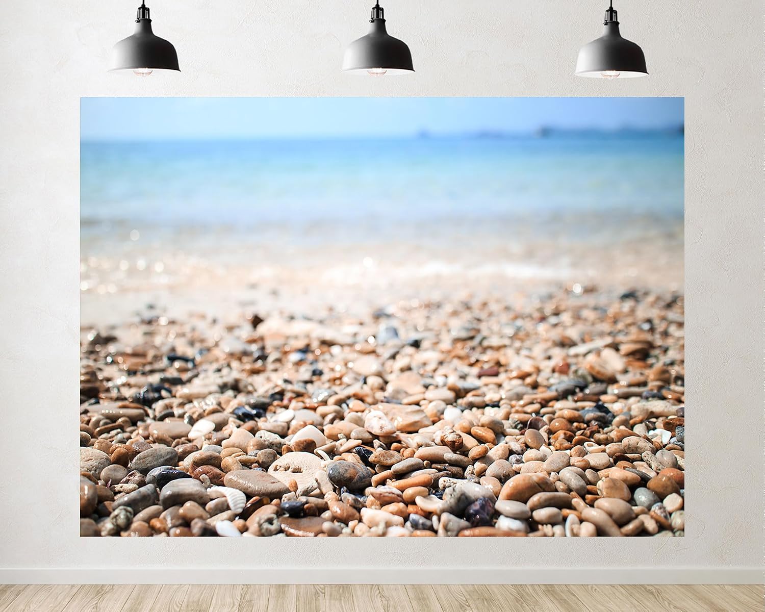 Trykid 20x10ft Pebble Beach Shoreline Backdrop with Clear Blue Water and Smooth Stones Photography Background Coastal Home Decor Beach Party Decoration Photo Booth Prop Fabric