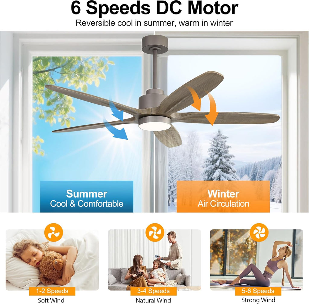 WINGBO 54' Ceiling Fan with Light - 5 Carved Solid Wood Blades, 6-Speed Reversible DC Motor, Dimmable, 3CCT, Noiseless Remote Control Ceiling Fans with Lights for Bedroom Living Room, Charcoal Gray