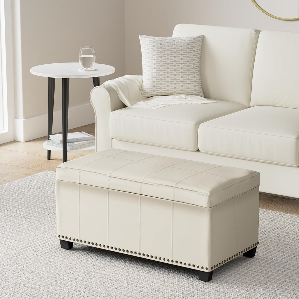 SIMPLIHOME Amelia Storage Ottoman - 33 inch Wide Vegan Leather Rectangle Storage Ottoman Bench in Satin Cream, Transitional Ottoman for Living Room with Nailhead Trim and Lift-Up Lid