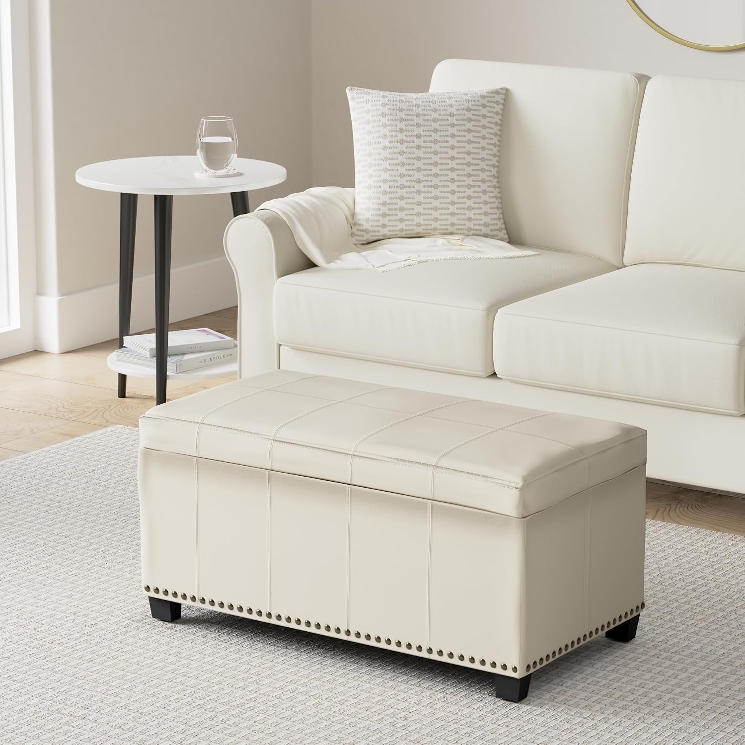 SIMPLIHOME Amelia Storage Ottoman - 33 inch Wide Vegan Leather Rectangle Storage Ottoman Bench in Satin Cream, Transitional Ottoman for Living Room with Nailhead Trim and Lift-Up Lid