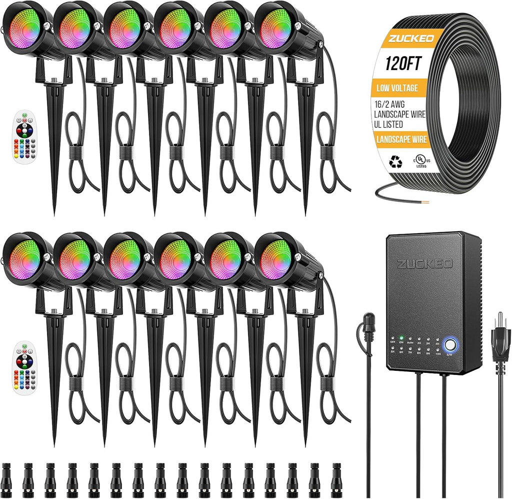 ZUCKEO All-in-One RGB Low Voltage Landscape Lighting Kit, 5W LED Color Changing Landscape Lights with Transformer and 120FT Wire, Outdoor Spotlights for Halloween Christmas Yard Garden Decor, 12Pack