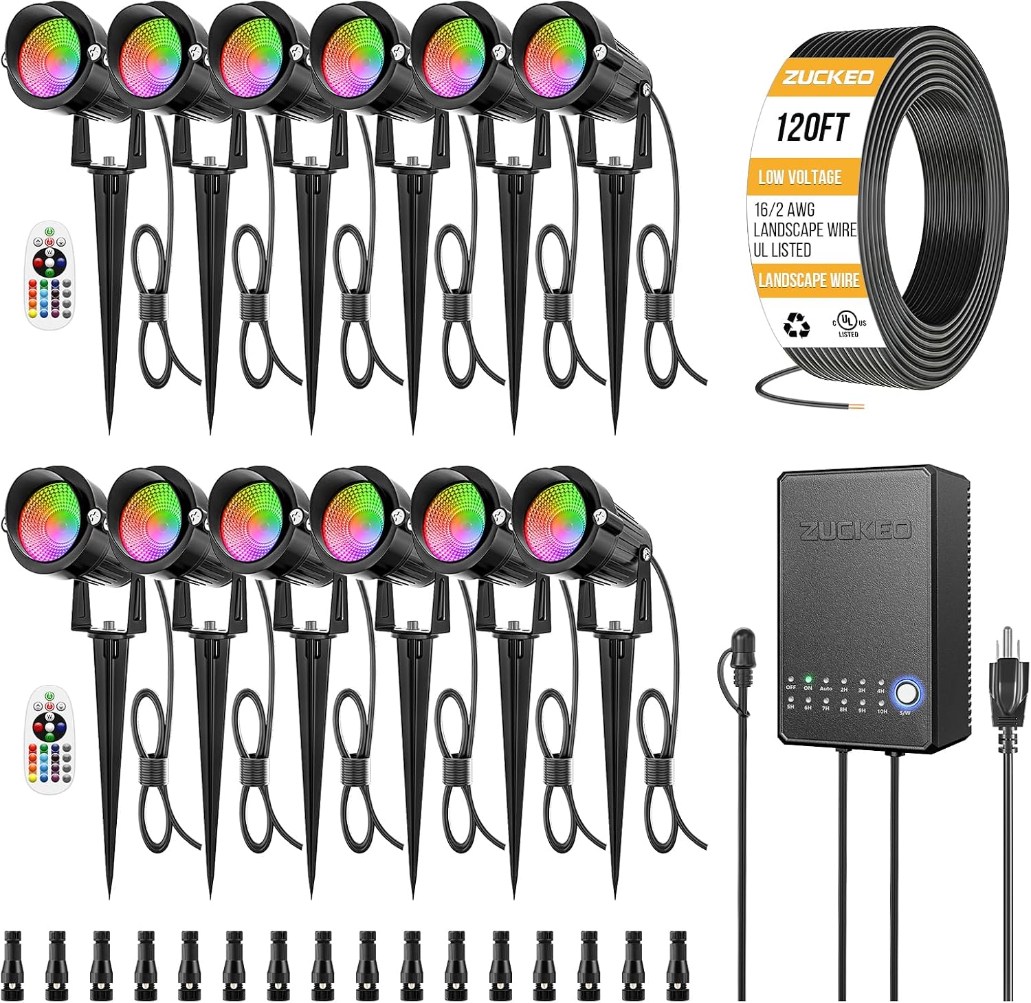 ZUCKEO All-in-One RGB Low Voltage Landscape Lighting Kit, 5W LED Color Changing Landscape Lights with Transformer and 120FT Wire, Outdoor Spotlights for Halloween Christmas Yard Garden Decor, 12Pack