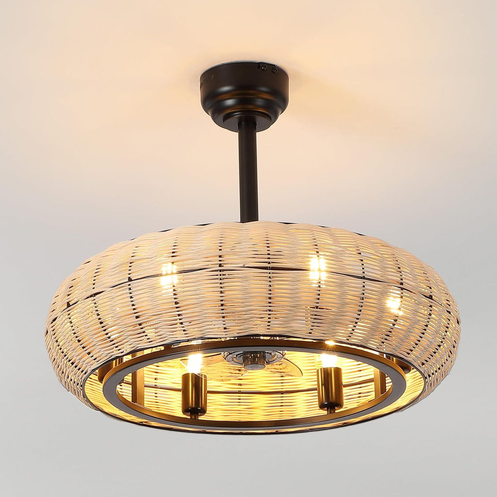 JONATHAN Y 23' Light Brown/Black 6-Light Modern Bohemian Ceiling Fan with Lights, 6-Speed Remote and App Control, Height Adjustable LED Lantern with Dark Brown Rattan Shade for Living Room (JYL9728B)