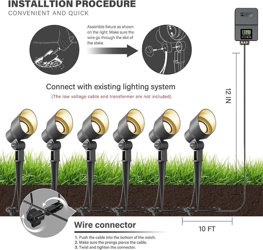 VENUS MANUFACTURING 12V Low Voltage Landscape Spotlights - 3W LED Outdoor Landscape Lighting, 200Lumen 3000K Warm White Metal Path Lights for Garden, Trees, Flag, Weather Resistant (24-Pack)