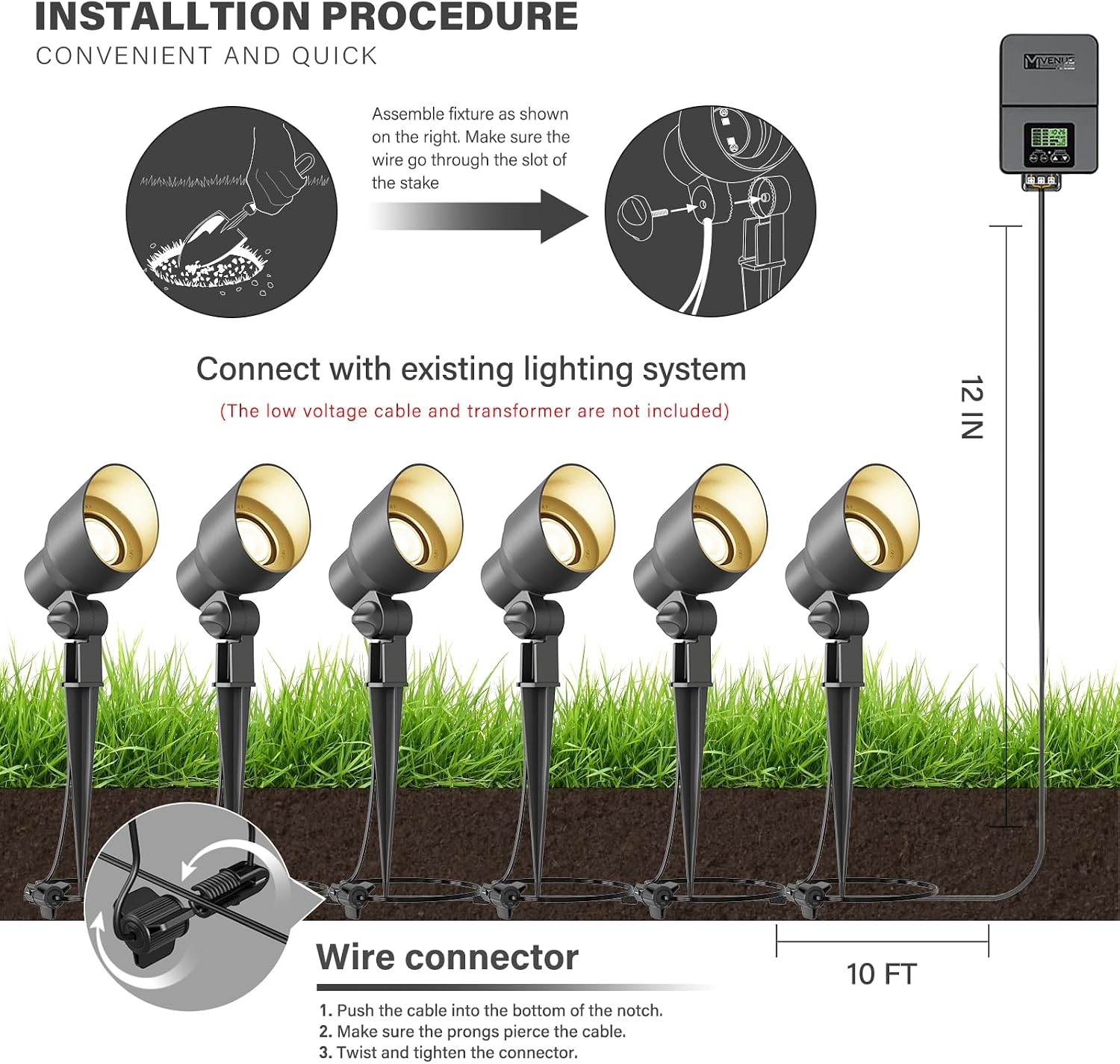 VENUS MANUFACTURING 12V Low Voltage Landscape Spotlights - 3W LED Outdoor Landscape Lighting, 200Lumen 3000K Warm White Metal Path Lights for Garden, Trees, Flag, Weather Resistant (24-Pack)