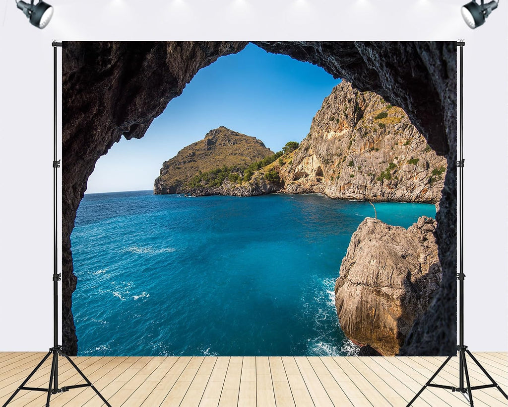Trykid 20x10ft Cave View Turquoise Sea Backdrop Rocky Cliffs Green Hills Clear Sky Photography Background Coastal Adventure Exploration Tapestry Party Decoration Photo Studio Prop Fabric