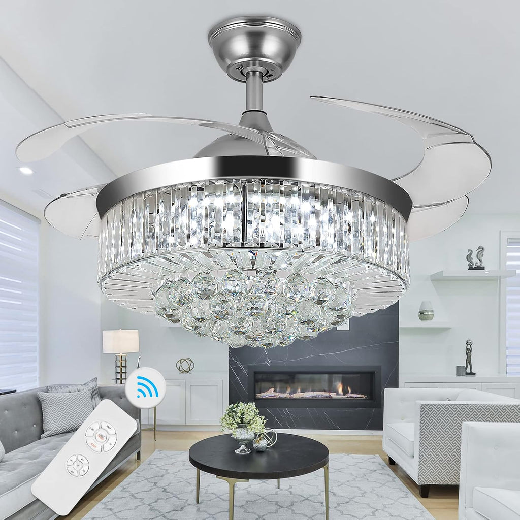 WWahuayuan 36' Chandelier Ceiling Fan Light, Modern Retractable Invisible Ceiling Fan Light Remote Control 4 Retractable ABS Blades for Bedroom Living Room Dining Room Decoration
