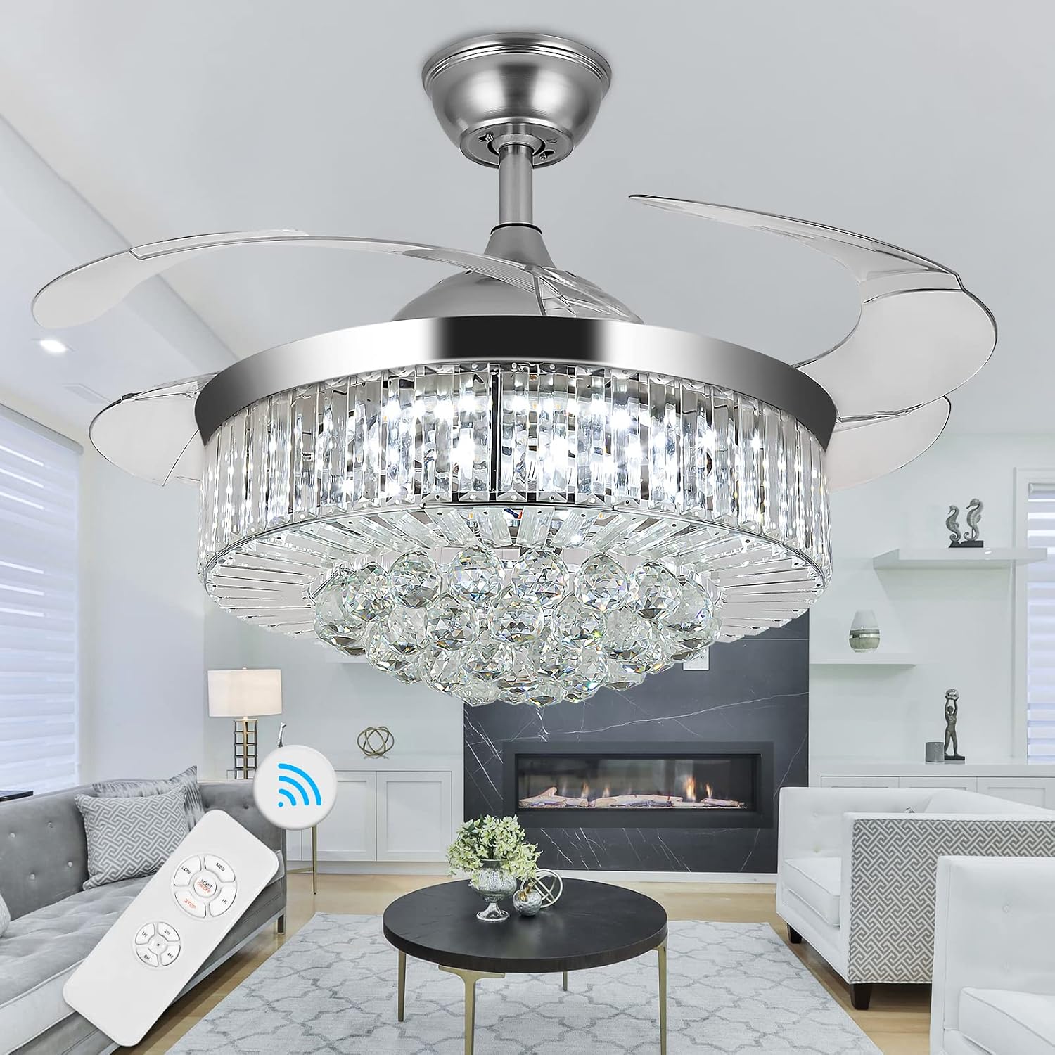 WWahuayuan 36' Chandelier Ceiling Fan Light, Modern Retractable Invisible Ceiling Fan Light Remote Control 4 Retractable ABS Blades for Bedroom Living Room Dining Room Decoration