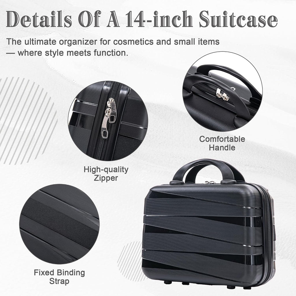 4-Piece PP Hardshell Luggage Set with 14' Cosmetic Case, 20'/24'/28' Spinner Suitcases, Carry On with Iron Telescopic Handle, Combination Lock, 360° Double Silent Wheels, Waterproof Travel Set, Black