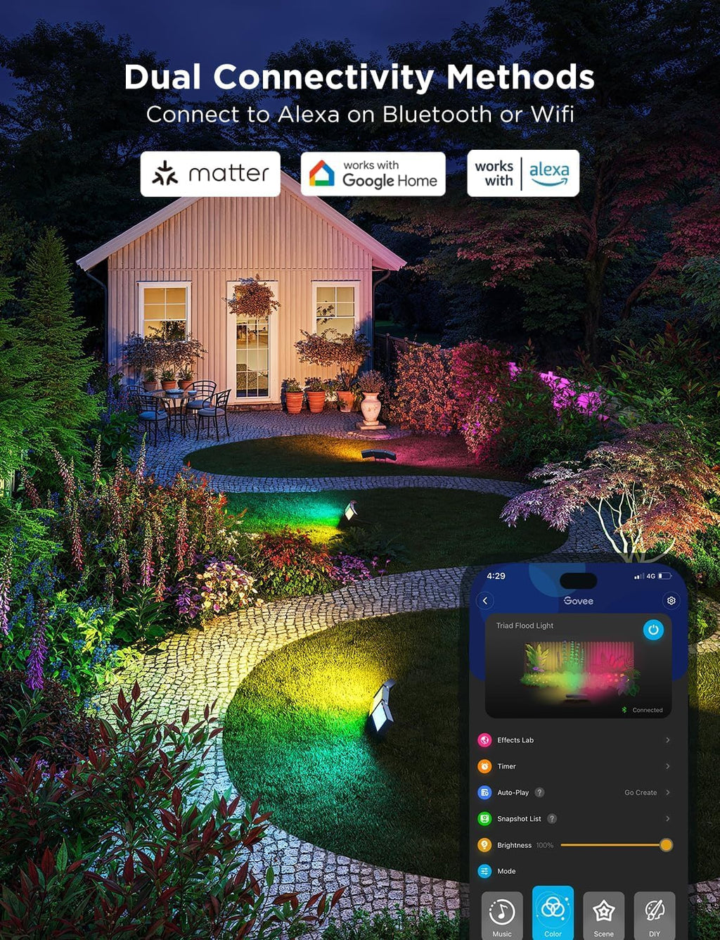Govee Triad Outdoor Flood Lights, 48W 4500LM RGBIC 3 Head Security Lights, 2700-6500K, IP66 Waterproof, Smart WiFi Outdoor Lights with App Control for Garage, Yard, Porch, Compatible with Alexa