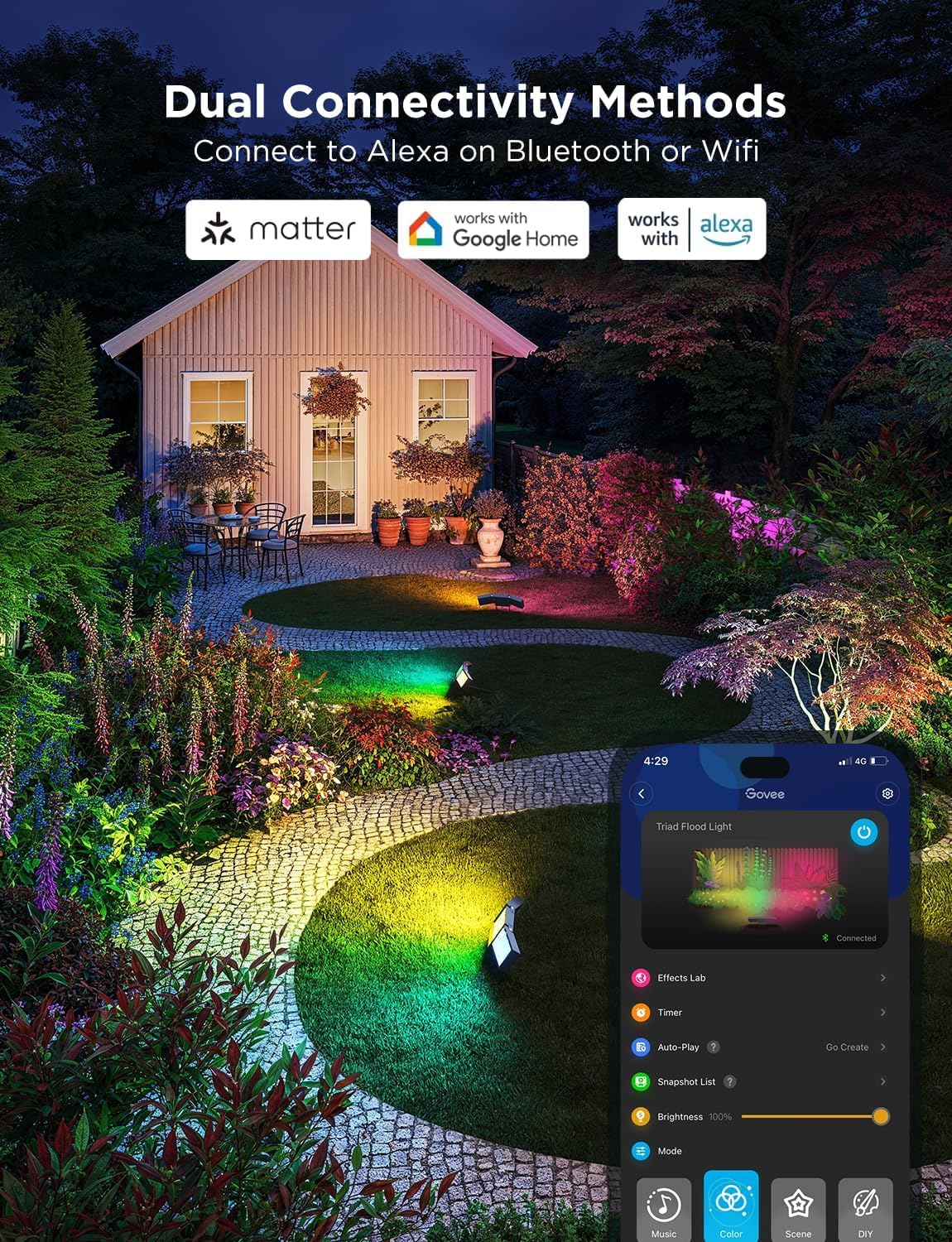 Govee Triad Outdoor Flood Lights, 48W 4500LM RGBIC 3 Head Security Lights, 2700-6500K, IP66 Waterproof, Smart WiFi Outdoor Lights with App Control for Garage, Yard, Porch, Compatible with Alexa