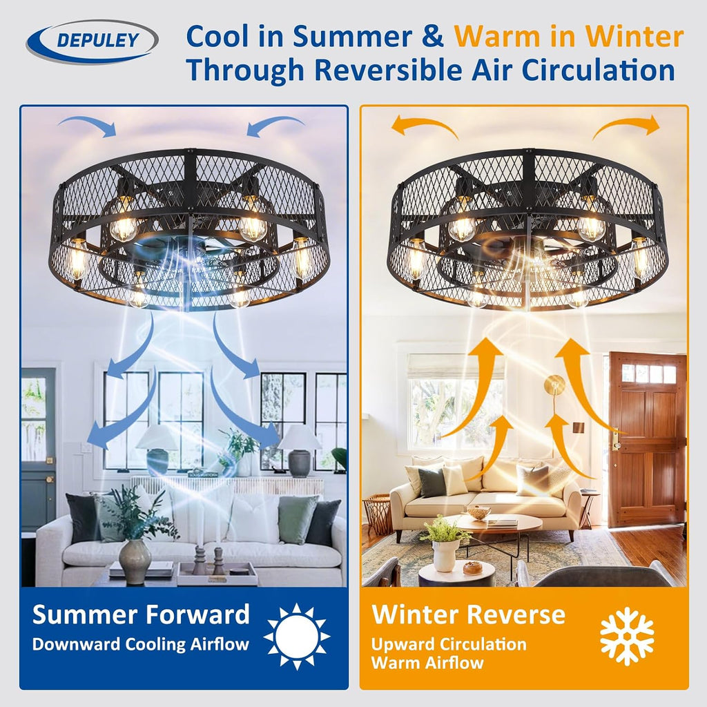 Depuley Low Profile Ceiling Fan: 26' Flush Mount Ceiling Fan Lights Reversible - Industrial Caged Ceiling Fans Light Fixture 6 Speeds for Bedroom Kitchen Black E26 Base Bulbs Not Included