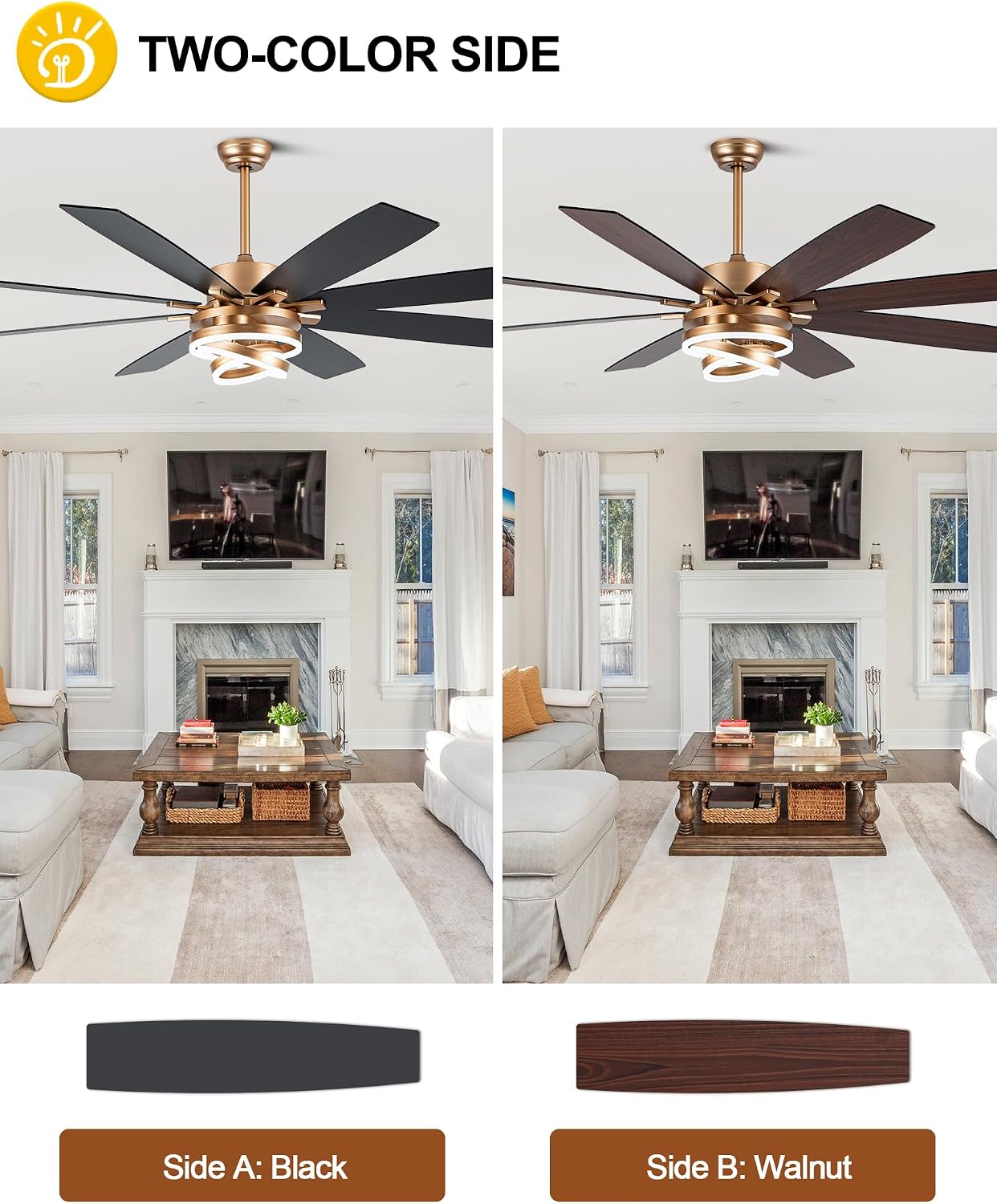 Dawn Whisper Gold Ceiling Fans with Lights and Remote 72 Inch Large Modern Chandelier Fan Living Room Ceiling Fan 6 Speed Reversible DC Motor Dual Finish Enegery Efficient