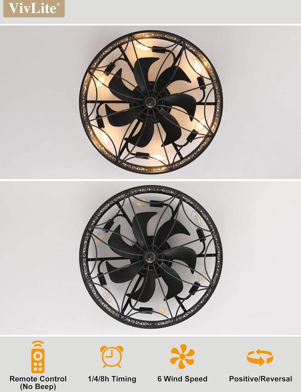 Flush Mount Ceiling Fan with Light and Remote,Low Profile Enclosed Crystal Drum Caged Fandelier,Vintage Black Gold Baroque Ceiling Fan Light Fixture for Bedroom,Dining Room, Living Room,Kitchen Island