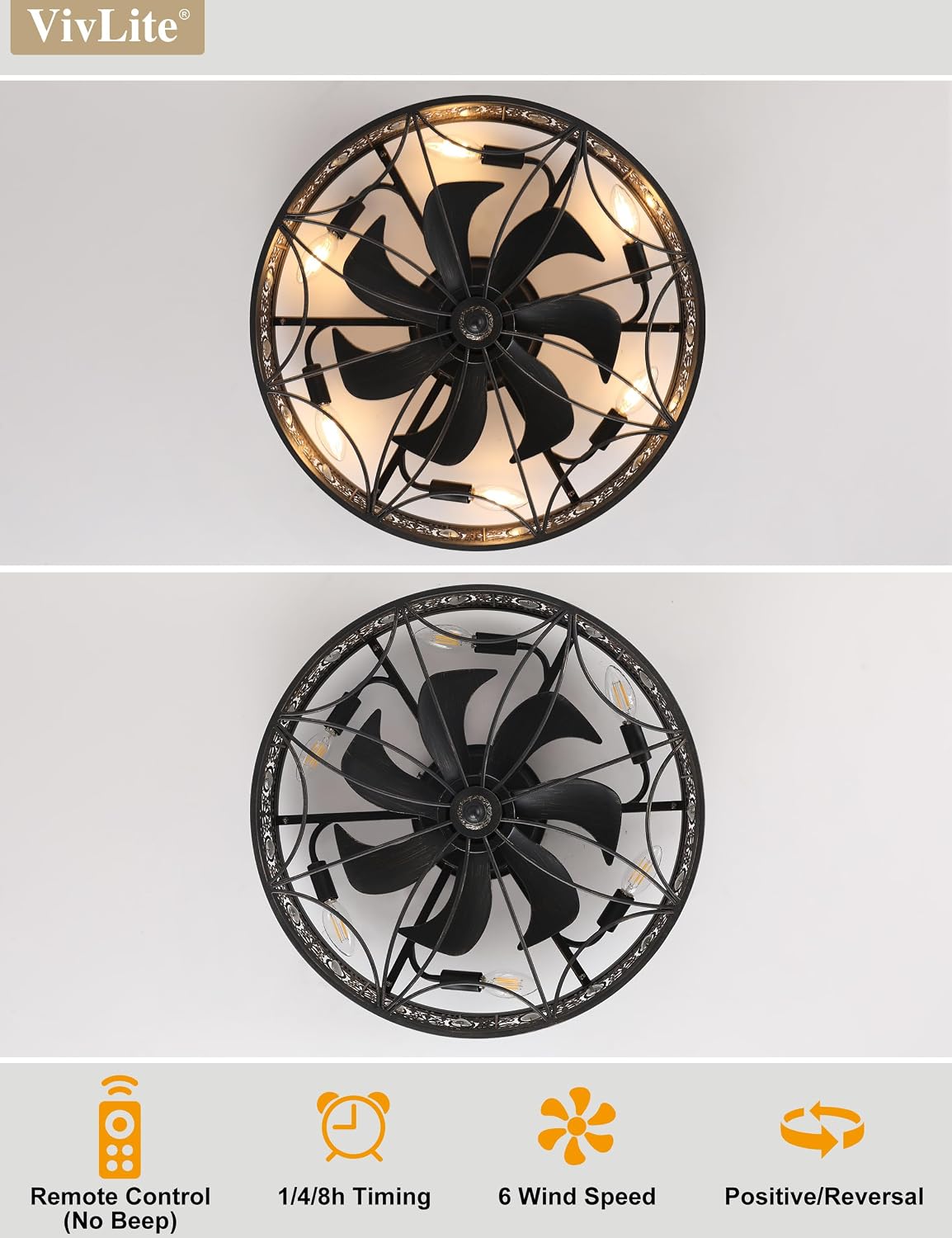 Flush Mount Ceiling Fan with Light and Remote,Low Profile Enclosed Crystal Drum Caged Fandelier,Vintage Black Gold Baroque Ceiling Fan Light Fixture for Bedroom,Dining Room, Living Room,Kitchen Island
