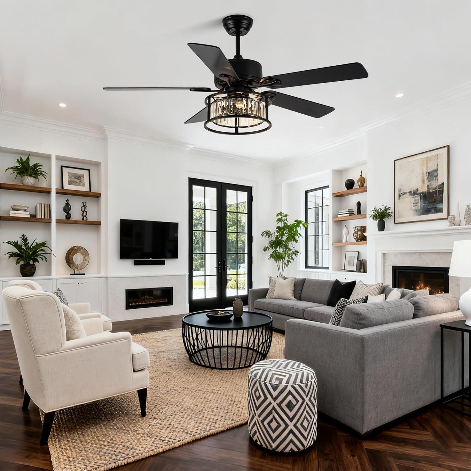 Dawn Whisper 52 Inch Chandelier Ceiling Fans with Lights and Remote Quiet and Reversible DC Motor Black Caged Modern Ceiling Fan for Bedroom Living Room