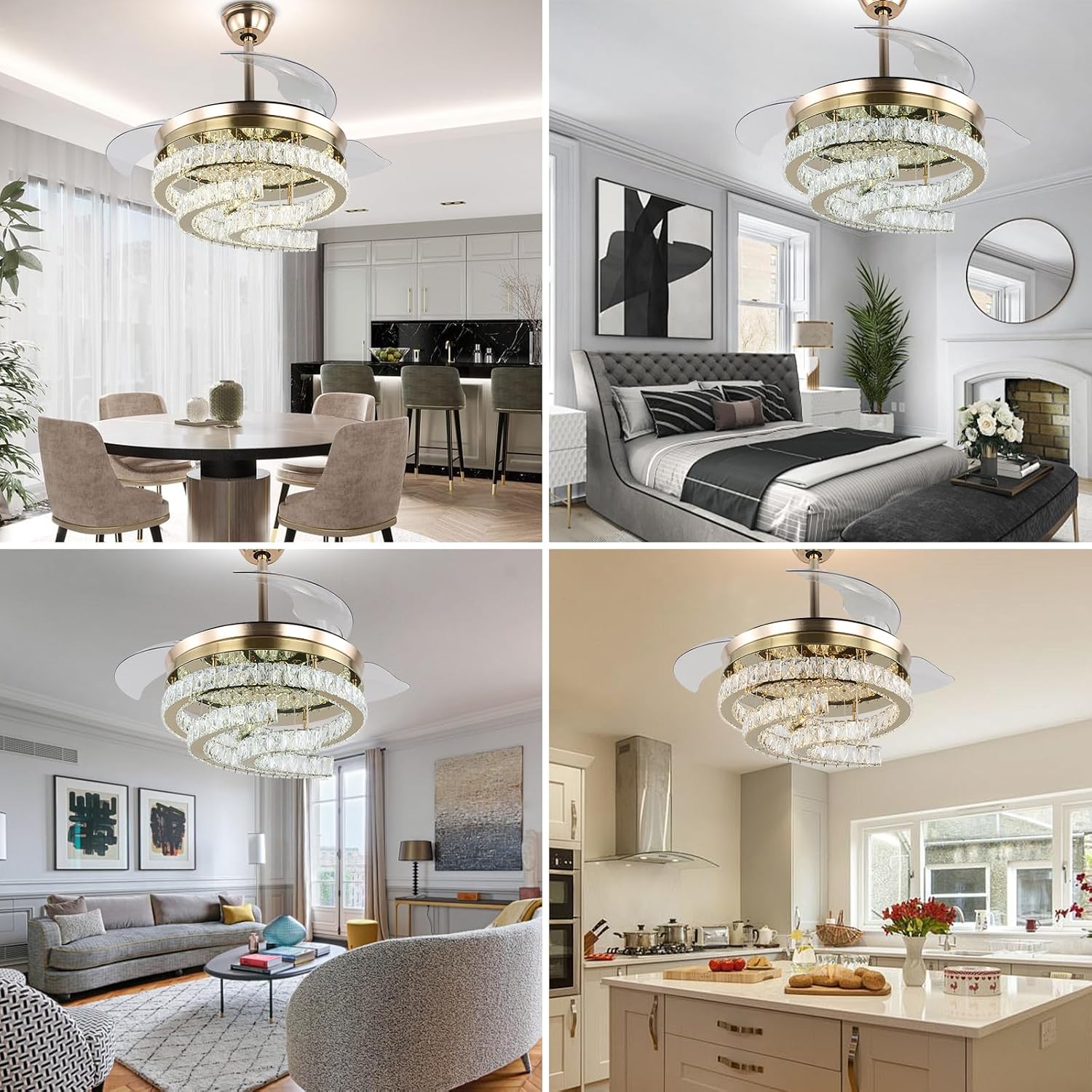 42'' Dimmable Ceiling Fan with Light and Remote Crystal Modern Chandelier Fan Retractable Fandelier with Memory, Silent Motor, 6 Speed, 3 Color Change, Timer Function(Gold)