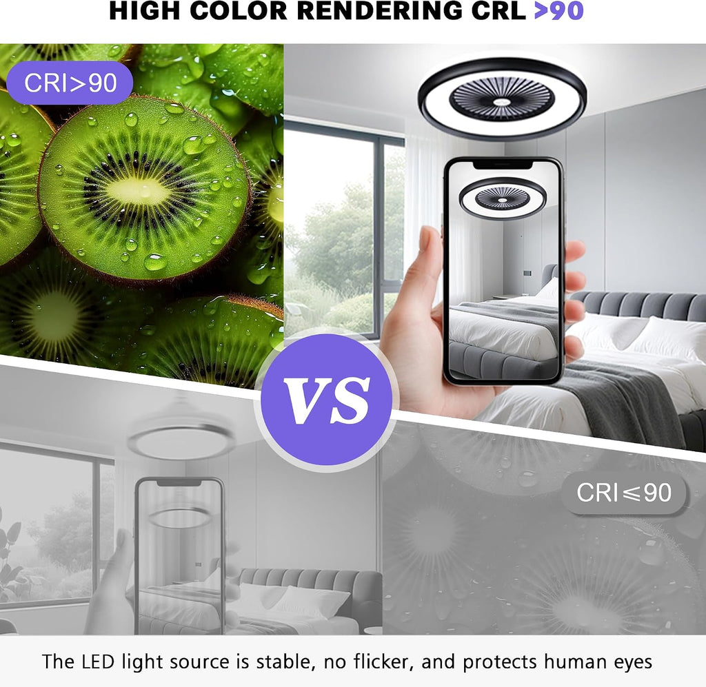 24' Bladeless Ceiling Fans with RGB Light, Low Profile Ceiling Fan with Light, Smart Modern Ceiling Fan with App/Remote/Voice Control, 3 Dimmable LED Light for Bedroom, Living Room Black