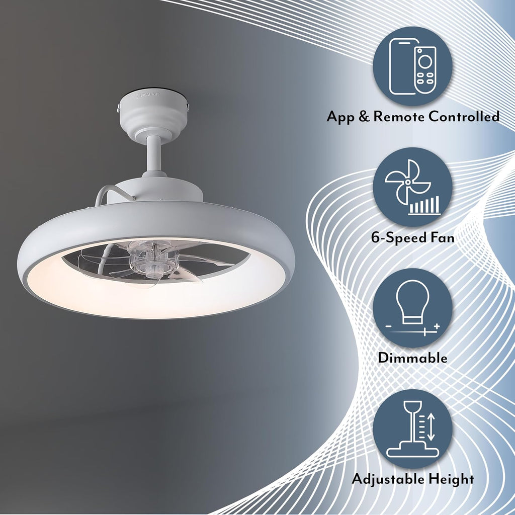 Oval AIR Loren 20' Small Smart Ceiling Fan with Light, Semi Flush Mount, Quiet 6-Speed Reversible Motor, Dimmable LED, Adjustable CCT, App & Remote Control, Minimalist, White AIR8002D