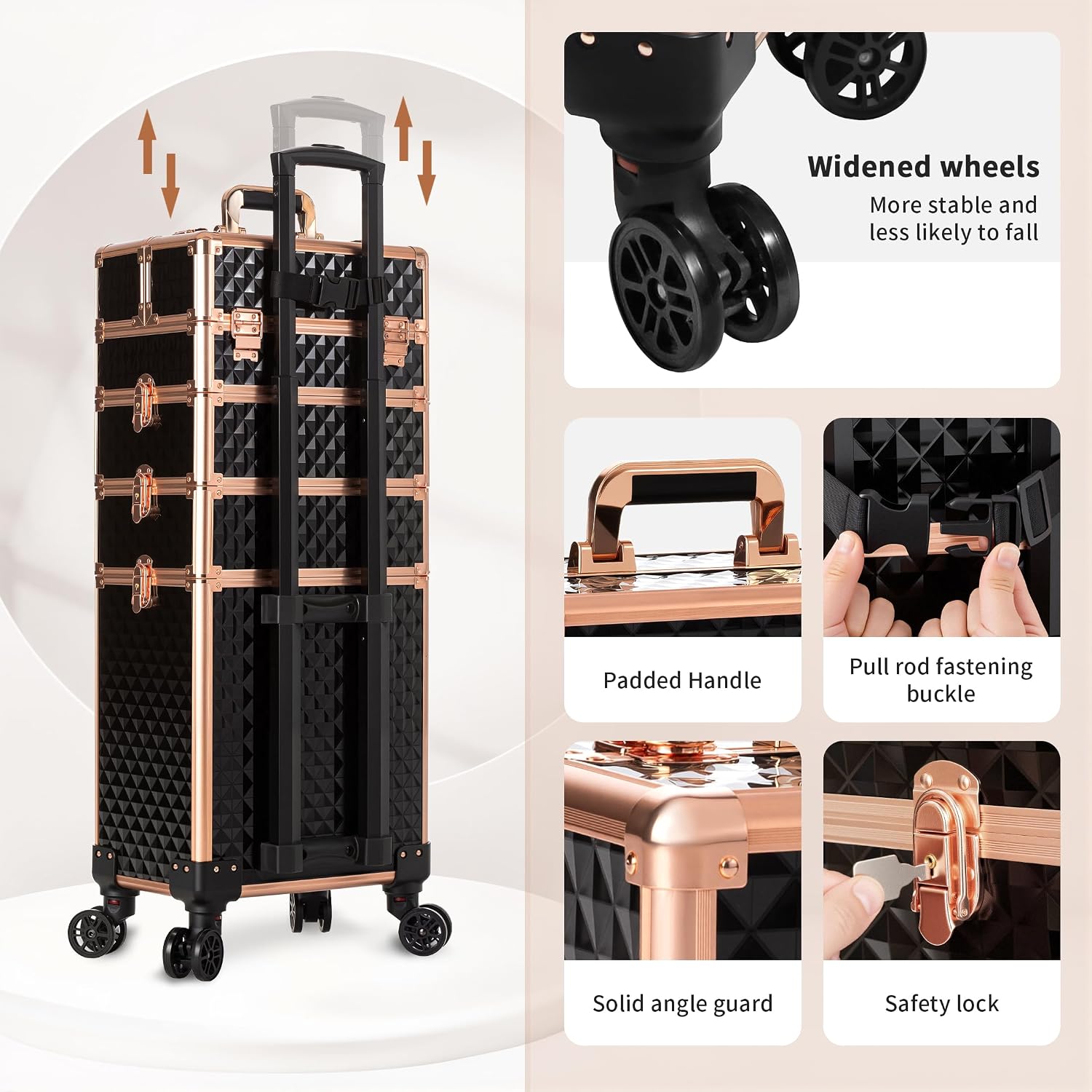AROUS Rolling Makeup Train Case 4 in 1 Cosmetology Case on Wheels Large Storage Cosmetic Trolley with Key Salon Barber Case Traveling Cart Trunk,Gold&Black