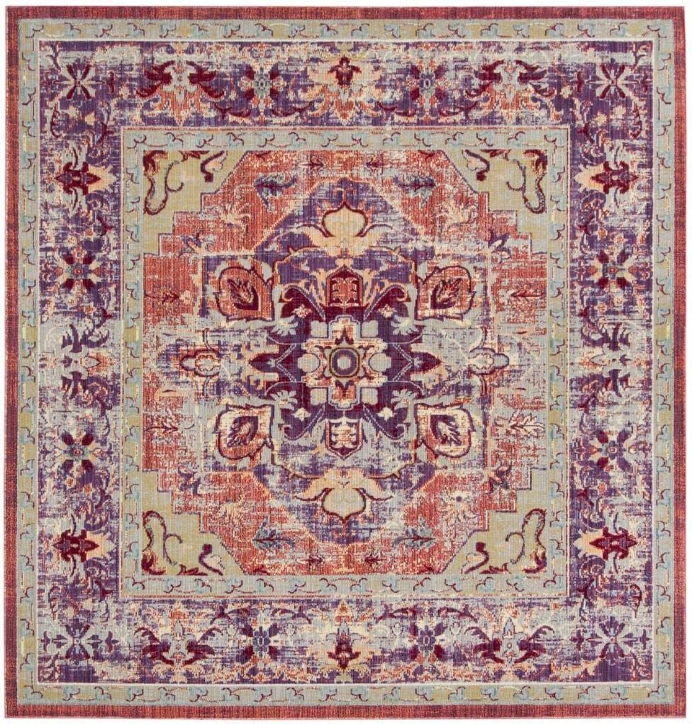 SAFAVIEH Claremont Collection Area Rug - 6'7' Square, Purple & Coral, Oriental Medallion Distressed Design, Non-Shedding & Easy Care, Ideal for High Traffic Areas in Living Room, Bedroom (CLR664A)