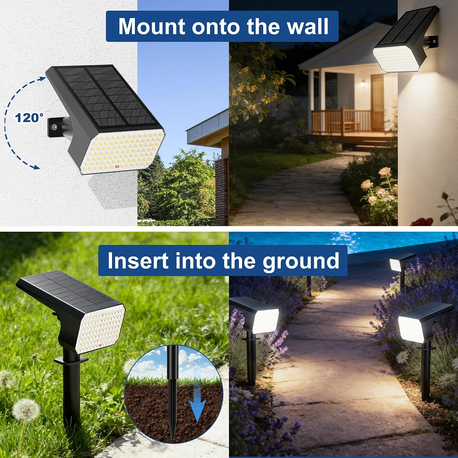 LANSOW Solar Spot Lights Outdoor 90LED 12 Pack Cool White& Solar Lights Outdoor Waterproof 8 Pack Warm White