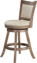 Cortesi Home Marko Stool in Beige Fabric Swivel Seat with Back, 24' Counter Height, Driftwood