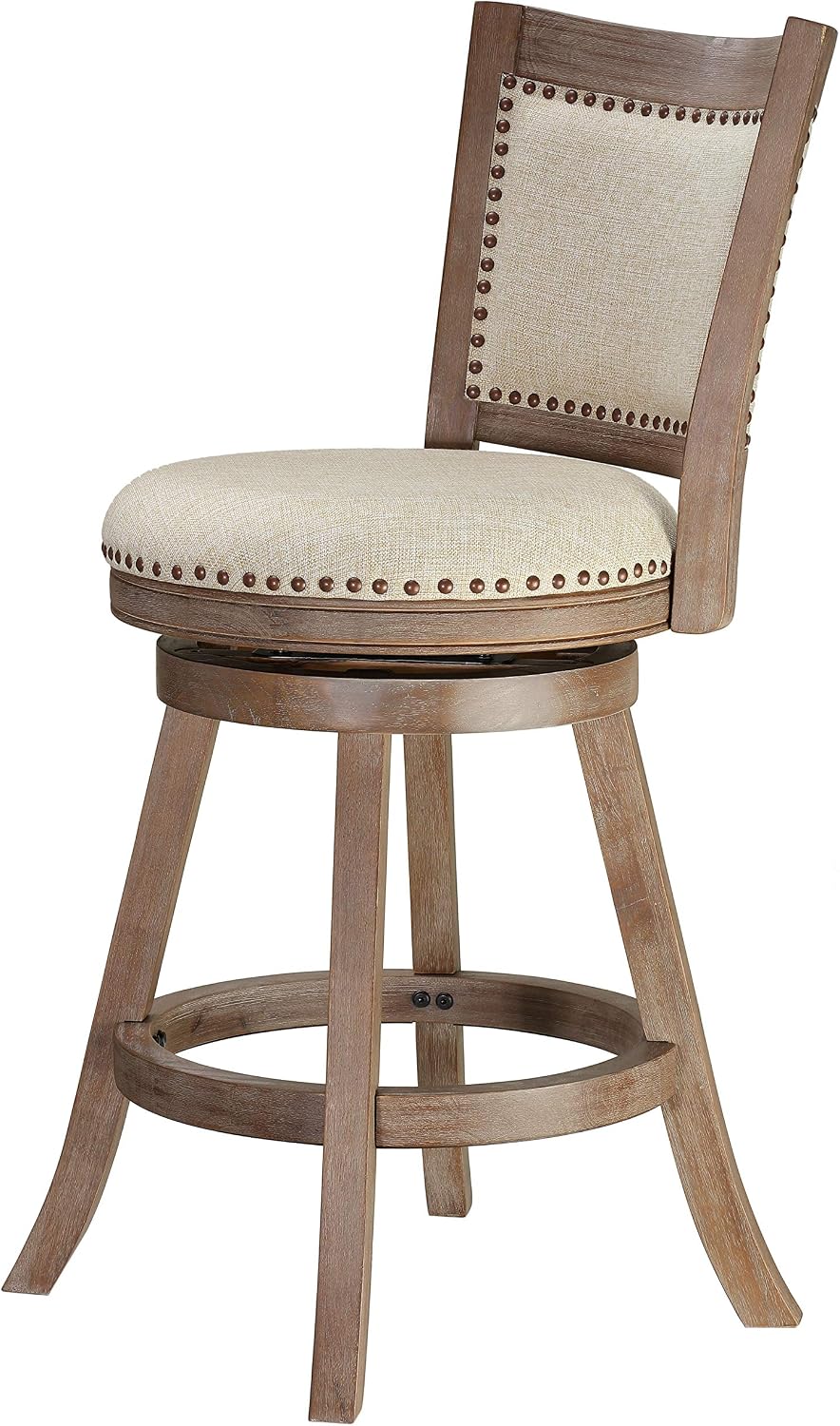 Cortesi Home Marko Stool in Beige Fabric Swivel Seat with Back, 24' Counter Height, Driftwood