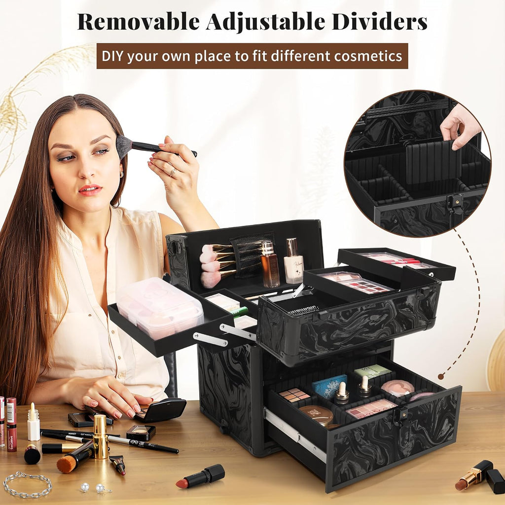 AROUS Rolling Makeup Case with 3 Drawers, Cosmetology Case on Wheels 5 IN 1 Makeup Train Case Make Up Organizer for Artist Salon Nail Teach Trunk,Ink Black