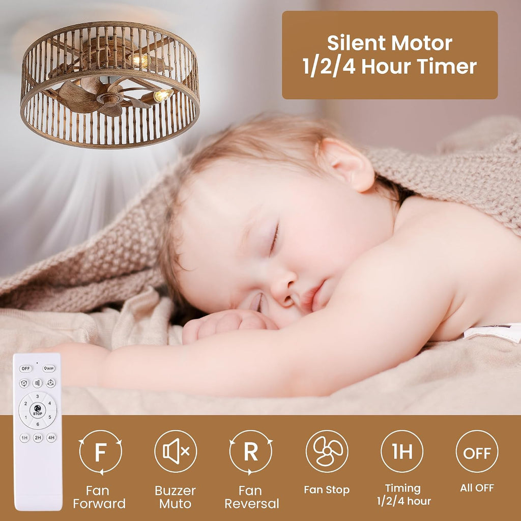 Rustic Looking Caged Ceiling Fan with Lights and Remote, 20 Inch Low Profile Flush Mount Fandelier, Bladeless/Quiet Motor Boho Fan Light for Bedroom, Dining Room, Kitchens, Living Room, Office