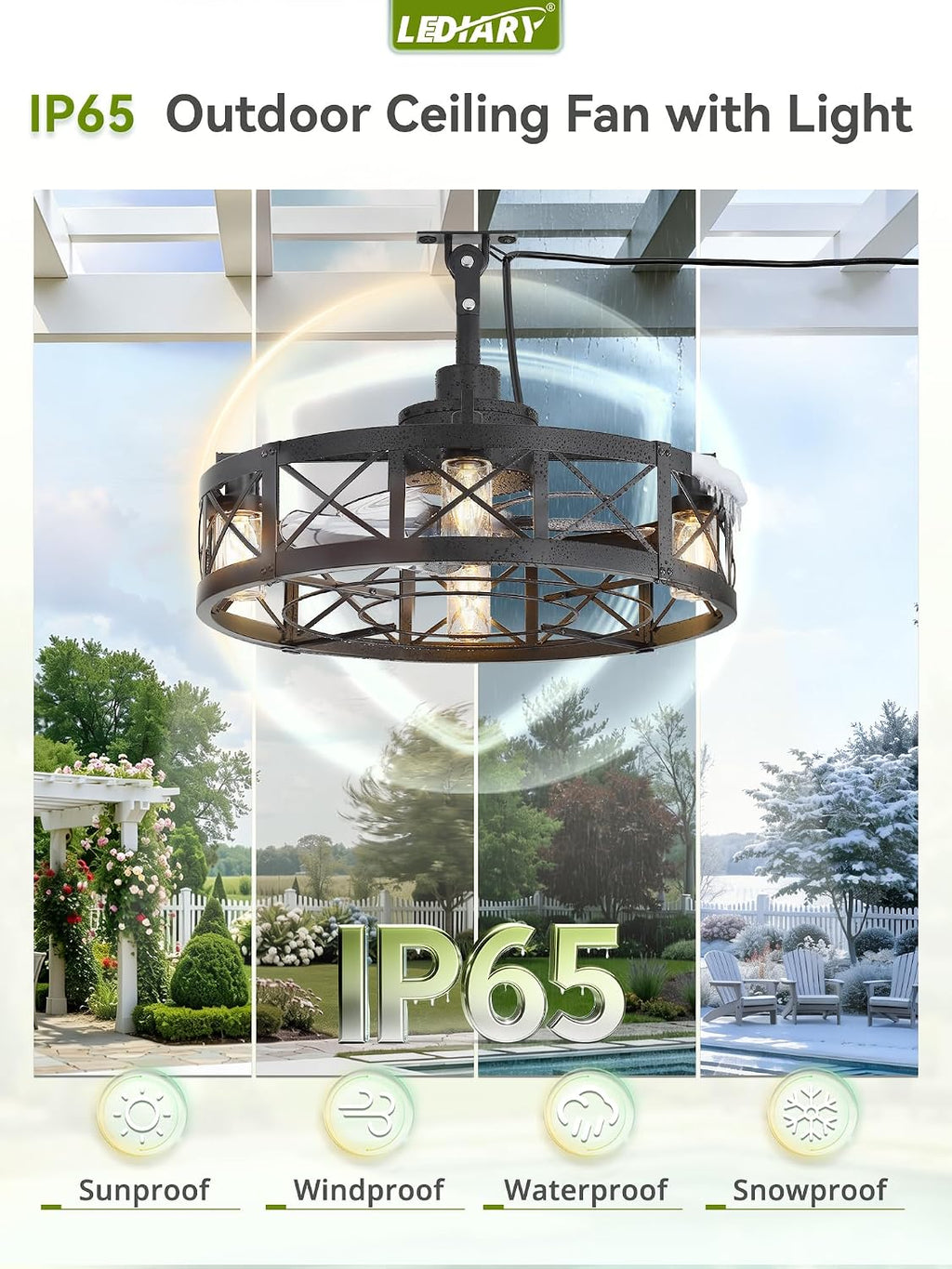 LEDIARY Outdoor Ceiling Fan with Lights for Patios- 22' Waterproof Plug in Gazebo Fan with Remote Control&Timer, 6-Speed Reversible Motor, Hanging Caged Ceiling Fan for Porch, Pergola