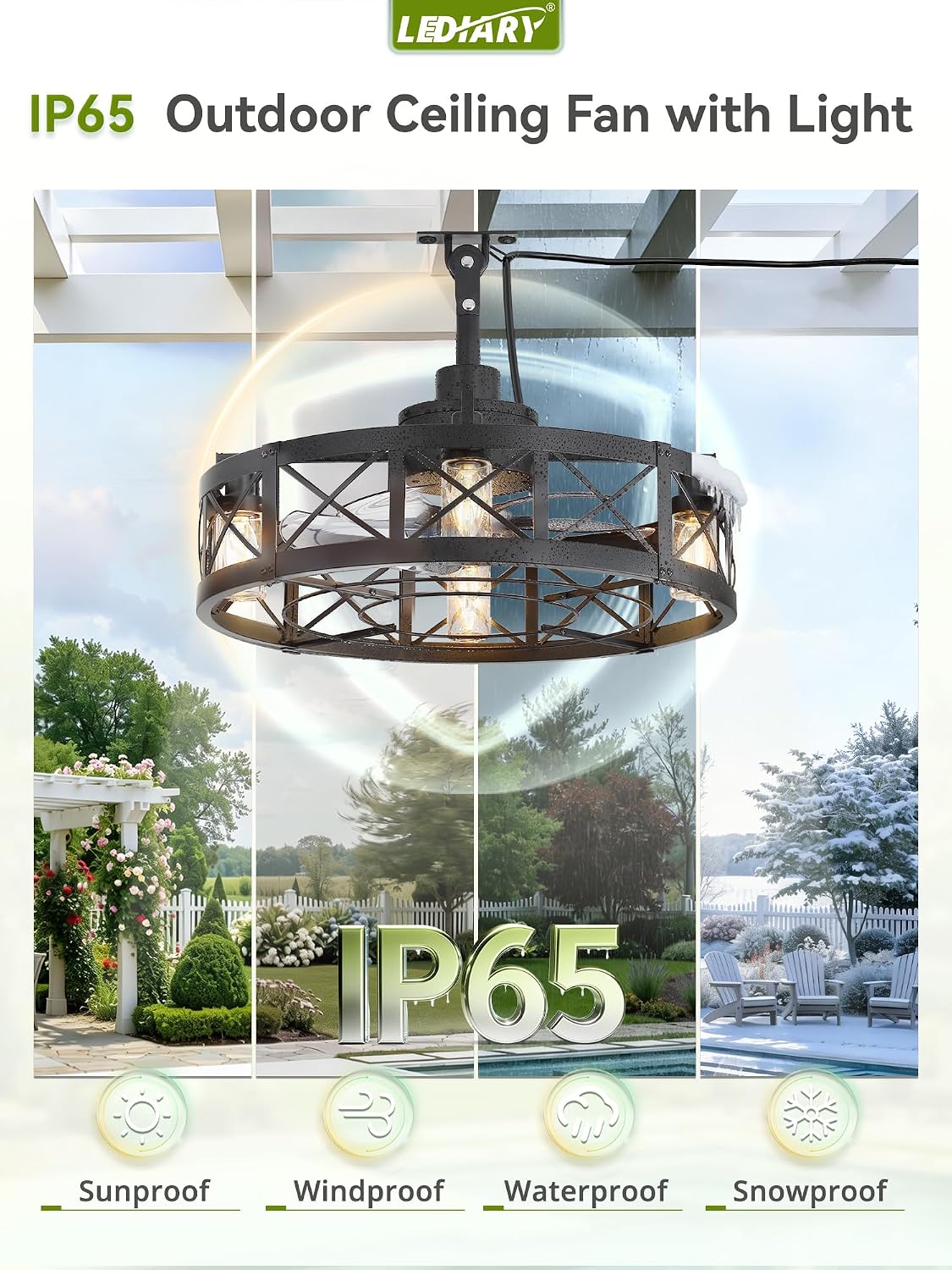 LEDIARY Outdoor Ceiling Fan with Lights for Patios- 22' Waterproof Plug in Gazebo Fan with Remote Control&Timer, 6-Speed Reversible Motor, Hanging Caged Ceiling Fan for Porch, Pergola