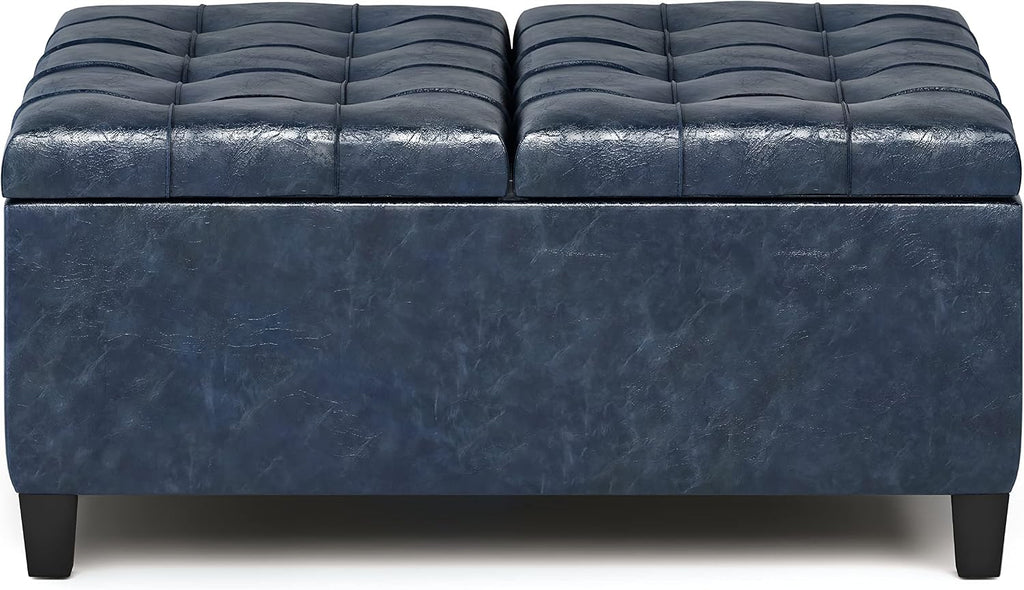 SIMPLIHOME Harrison Coffee Table Storage Ottoman - 36 inch Wide Upholstered Vegan Leather Square Lift-Top Ottoman in Denim Blue, Transitional Ottoman for Living Room with Hidden Storage