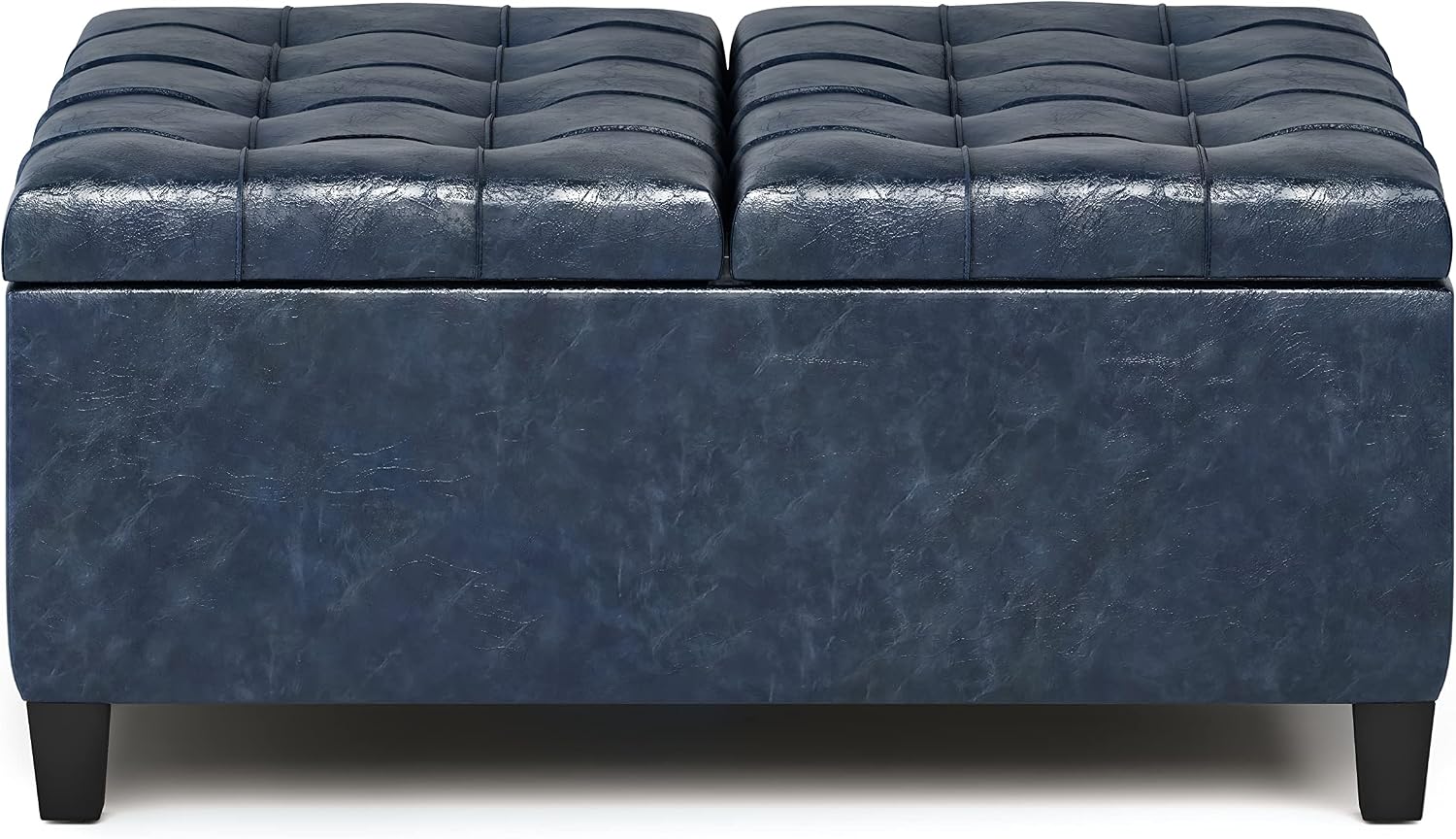 SIMPLIHOME Harrison Coffee Table Storage Ottoman - 36 inch Wide Upholstered Vegan Leather Square Lift-Top Ottoman in Denim Blue, Transitional Ottoman for Living Room with Hidden Storage
