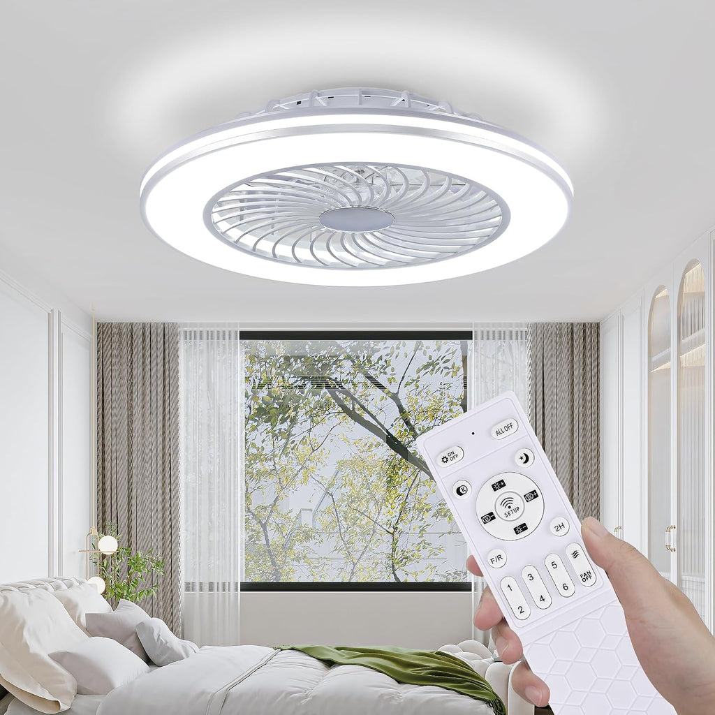 24' Bladeless Ceiling Fans with Lights and Remote, Low Profile Enclosed Ceiling Fan with 6 Wind Speed, 3 CCT(3000K-6000K) Dimmable LED Flush Mount Fandelier for Bedroom Kitchen Living Room