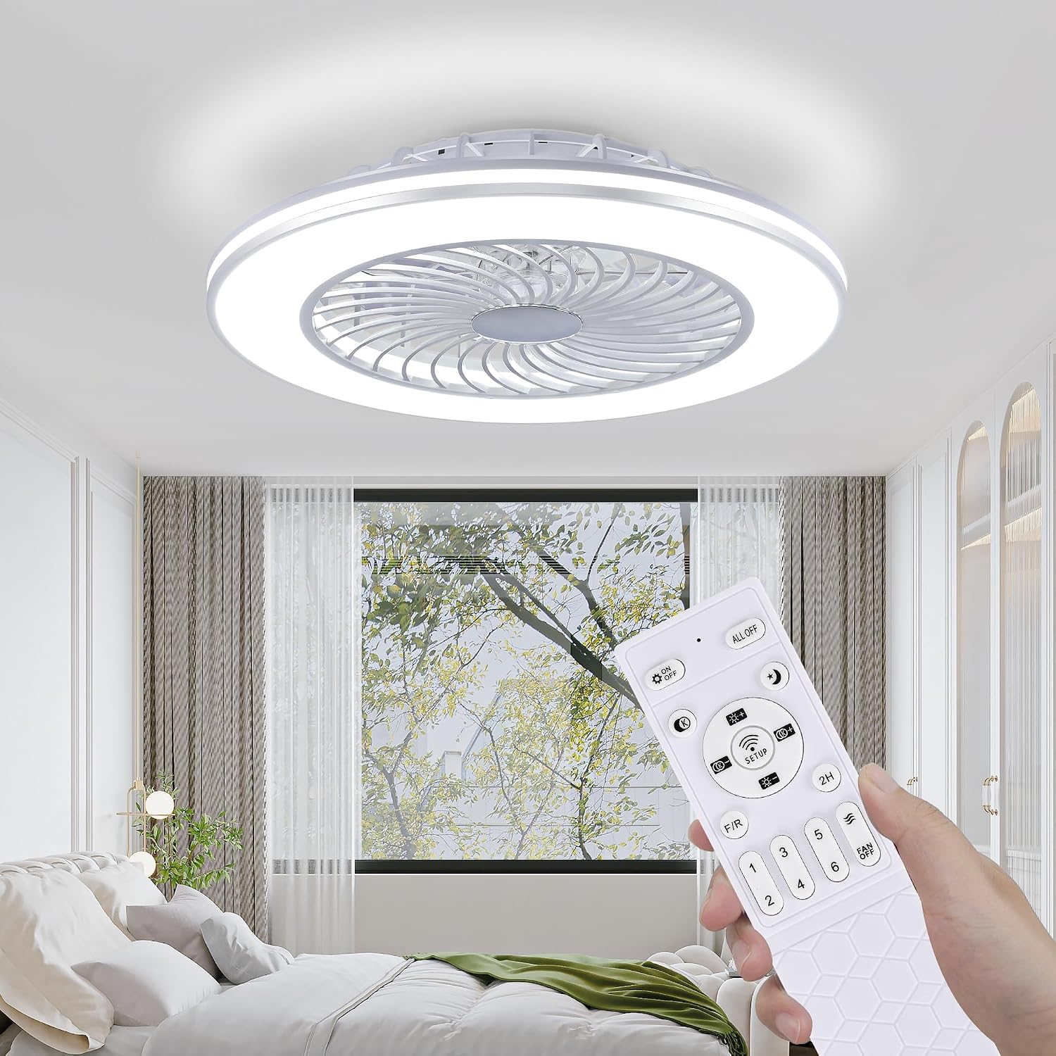 24' Bladeless Ceiling Fans with Lights and Remote, Low Profile Enclosed Ceiling Fan with 6 Wind Speed, 3 CCT(3000K-6000K) Dimmable LED Flush Mount Fandelier for Bedroom Kitchen Living Room