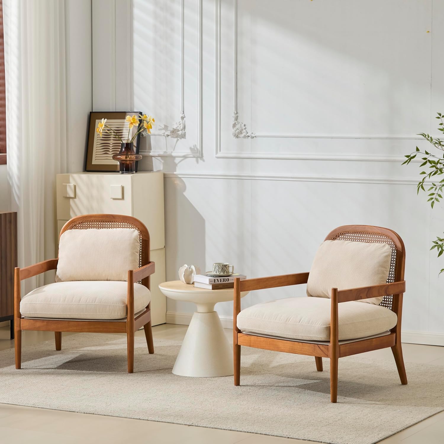 Christopher Knight Home Nadine Accent Chairs Set of 2, Wooden Club Chair, Rattan Open Back Armchair, Accent Reading Sofa Chair with Cushions, Club Chairs Set of 2 for Living Room Bedroom, Beige+Teak