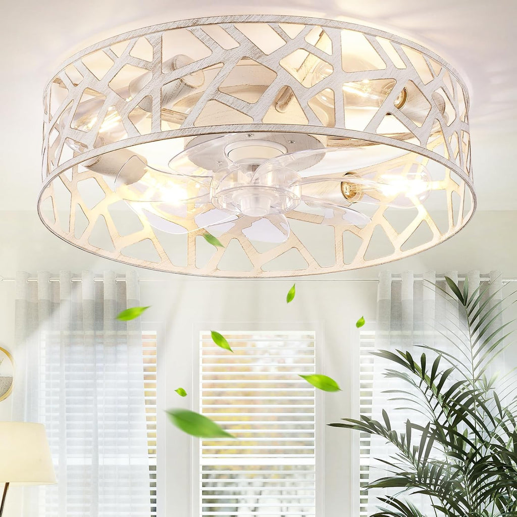 20 Inch Caged Ceiling Fans with Lights and Remote,Farmhouse Flush Mount Fandelier Ceiling Fan Vintage White, Low Profile Bladeless Ceiling Fans for Bedroom,Kitchen,Living Room