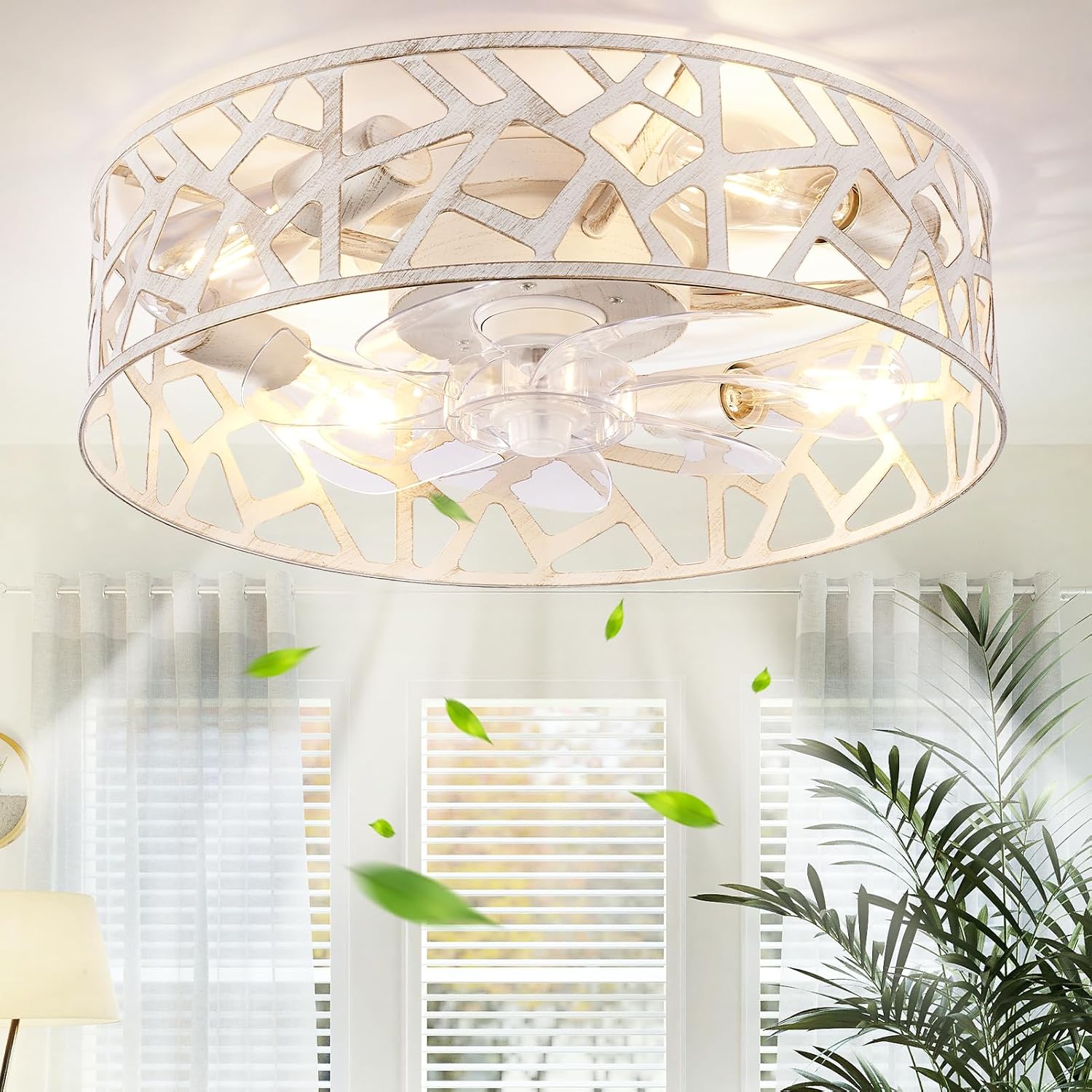 20 Inch Caged Ceiling Fans with Lights and Remote,Farmhouse Flush Mount Fandelier Ceiling Fan Vintage White, Low Profile Bladeless Ceiling Fans for Bedroom,Kitchen,Living Room