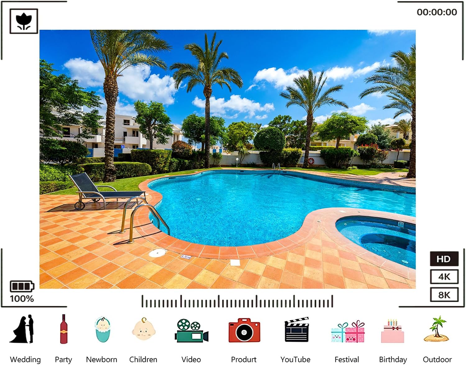 Trykid 20x10ft Resort Poolside Backdrop Palm Trees Clear Blue Water Luxury Villas Photography Background Summer Vacation Pool Party Decoration Photo Booth Prop Fabric