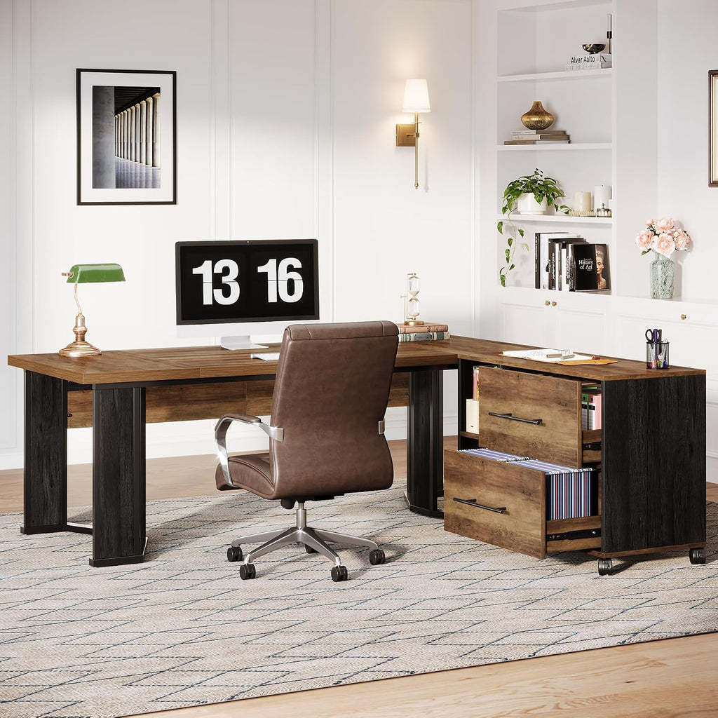 Tribesigns 70.86' Executive Desk with Mobile File Cabinet, Large L Shaped Computer Office Desk with 2 Drawers and Storage Shelves, Business Furniture Desk Workstation for Home Office (Rustic Brown)