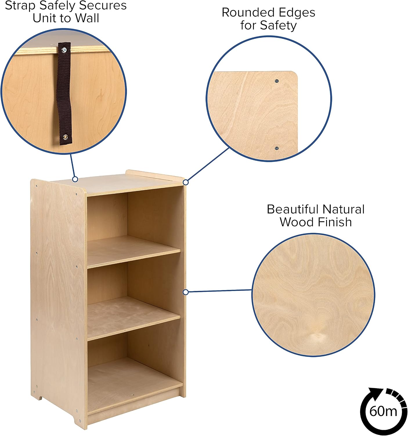 Flash Furniture Hercules Wooden 3 Section School Classroom Storage Cabinet for Commercial or Home Use - Safe, Kid Friendly Design - 36'H (Natural)