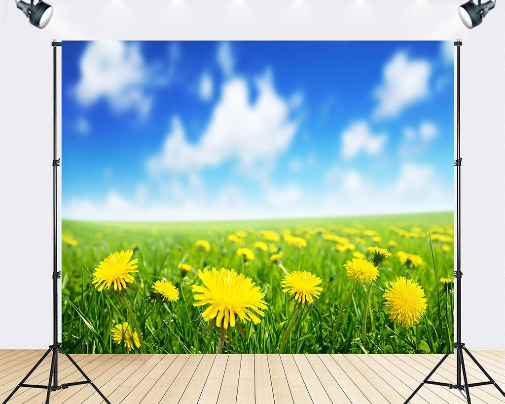 Trykid 20x10ft Dandelion Meadow Backdrop Bright Yellow Blooms Lush Green Grass Clear Blue Sky Cheerful Spring Scene Photography Background Floral Party Decoration Photo Booth Prop Fabric