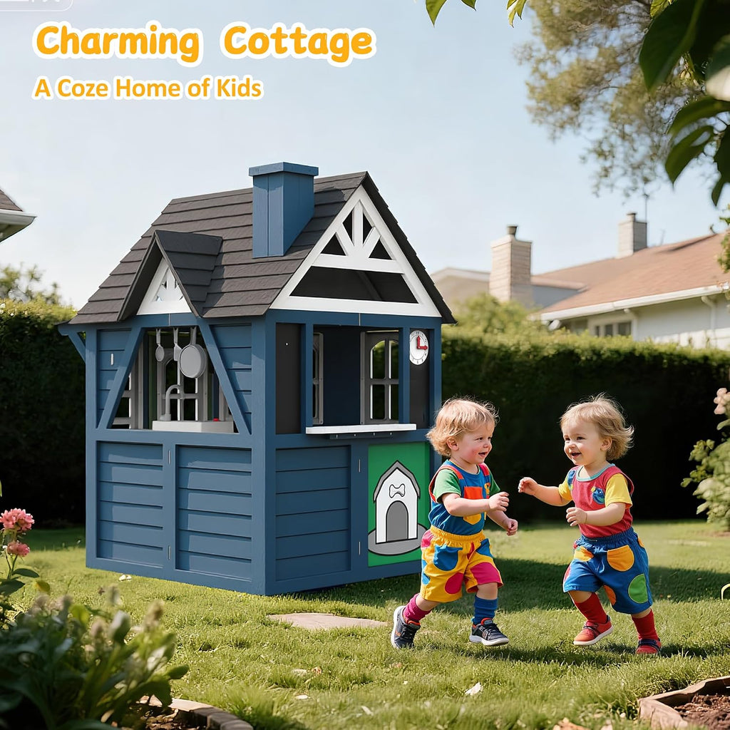 Kids Playhouse Outdoor,Cedar Gray Wooden Play House for Kids Ages 3-8,Interactive Doorbell, Kitchen Counter with Utensils, Sink, Window Boxes for Flowers (Blue)