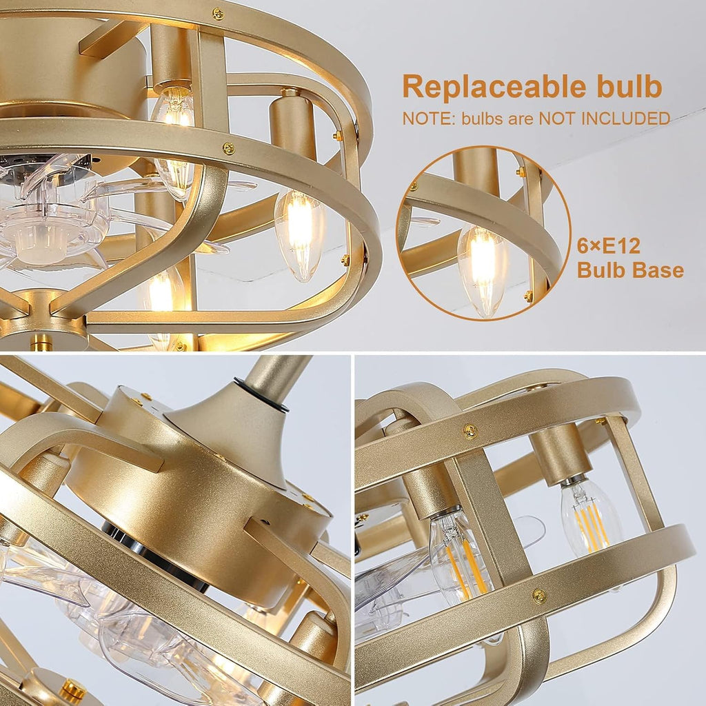 18' Gold Bladeless Ceiling Fan with Light, Caged Fandelier with Remote Control, 6-Speed Reversible Motor, Low Profile for Bedroom, Kitchen, Dining Room
